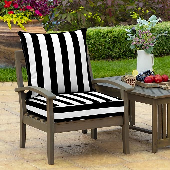 Arden Outdoor Foam Deep Seat Cushion Set (4-Pack), 24x24, Premium High-Density Foam, Never Flattens, Weather-Proof for Patio Chair Sofa Couch, Black Cabana Stripe