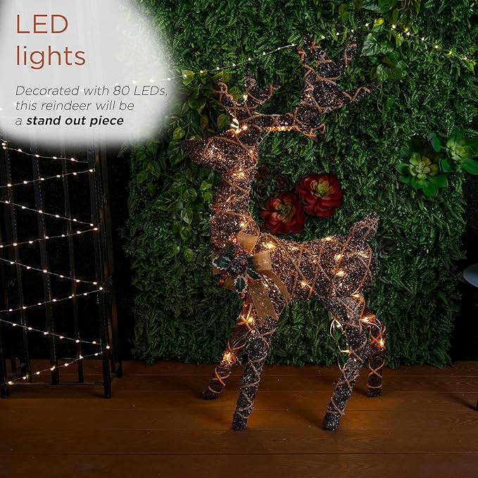 Alpine Corporation 48" Tall Outdoor Rattan Twig Grazing Reindeer Christmas Yard Decor with 80 Warm White LED Lights, Brown