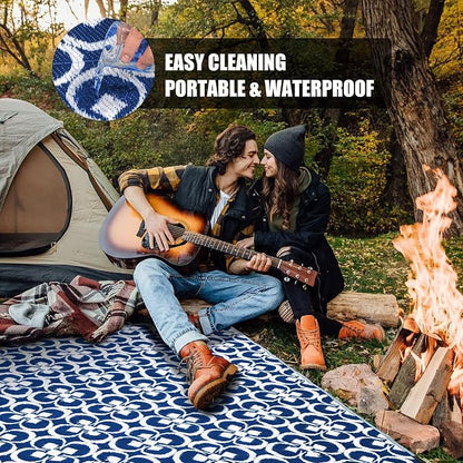 HUGEAR Outdoor Plastic Straw Rug, Waterproof Outdoor Rugs for Patios Clearance, Reversible Area Rug, Large Outside Carpet for Camping, Balcony, RV, Deck, Picnic, Beach (5x8ft Clover/Blue&White)