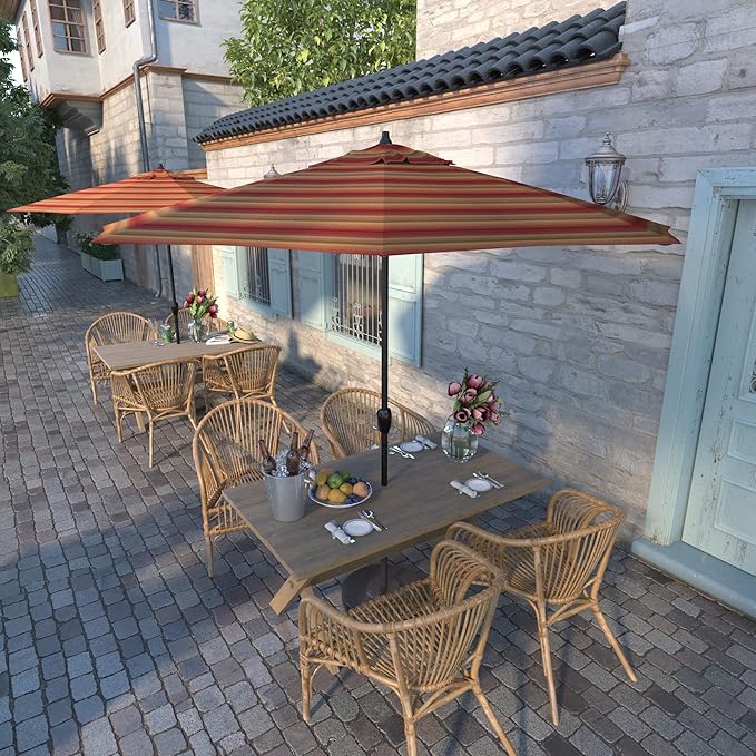 California Umbrella 9' Round Sunbrella Aluminum Outdoor Deck, Pool or Patio Umbrella, Crank Lift, Auto Tilt, Bronze Pole, Astoria Sunset