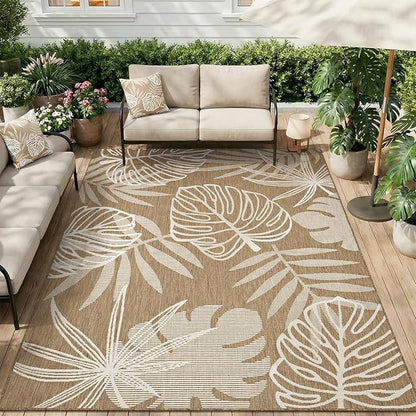MontVoo-Outdoor Rug-Patio Rug 5x7 ft Polypropylene Indoor Outdoor Rugs Outdoor Carpet for Patio Deck Balcony Porch, Textured Weave, Durable for High Traffic, Fade-Resistant, Tropical Neutral Brown