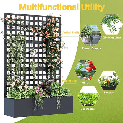 Metal Planter Box with Trellis, 71"x 47"x 16" Raised Garden Bed, Planter Box Trellis with Privacy Screen and Drainage Holes, Black