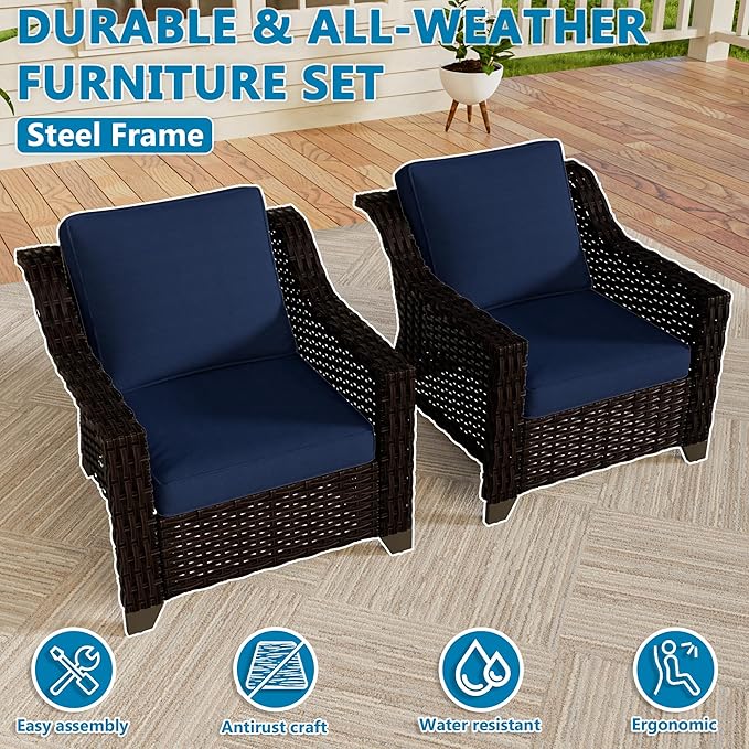 VistaVibe 2 Pieces Outdoor Armchairs, Patio Conversation Furniture Set, Washable Cushions, Luxurious Hand-Woven PE Rattan, Garden, Bistro, Deck, Backyard (Brown/Navy)
