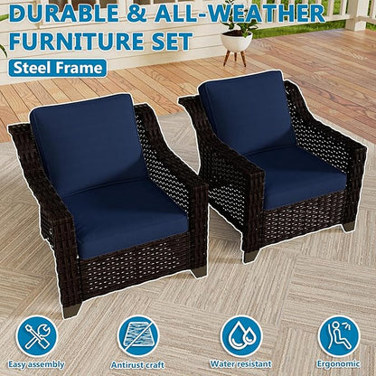 VistaVibe 2 Pieces Outdoor Armchairs, Patio Conversation Furniture Set, Washable Cushions, Luxurious Hand-Woven PE Rattan, Garden, Bistro, Deck, Backyard (Brown/Navy)