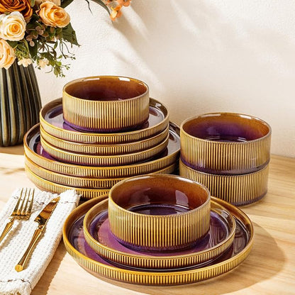TheTerra Ceramic Dinnerware Sets for 4, 12 Pieces Porcelain Lightweight Plates and Bowls Sets, Scratch Resistant Dish Set, Oven & Microwave & Dishwasher Safe, Amber Amethyst