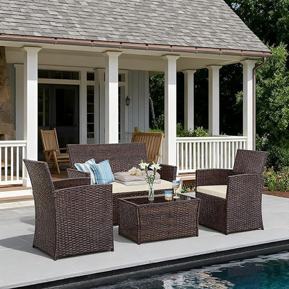 4 Piece Patio Furniture Set, Outdoor Wicker Conversation Set, Rattan Sectional Sofa Couch with Glass Coffee Table & Thick Cushion for Backyard, Porch, Garden, Poolside, Brown/Beige