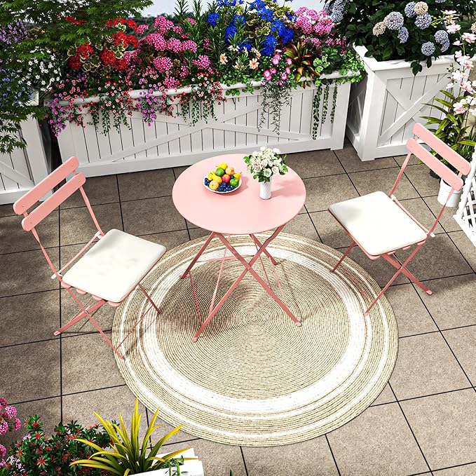 3-Piece Patio Bistro Set Outdoor Furniture Set Folding Bistro Table and Chairs with Premium Steel Frame Weather Resistant Conversation Set for Bistro Balcony Porch Yard Garden(pink with cushion)