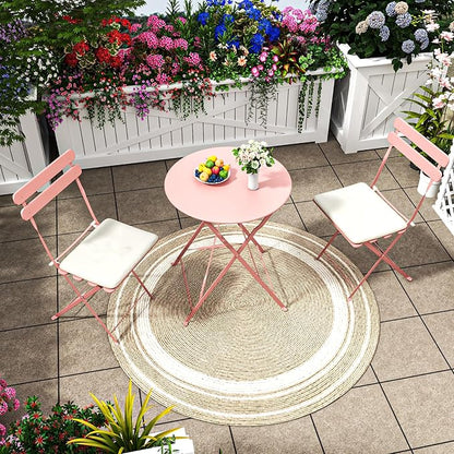 3-Piece Patio Bistro Set Outdoor Furniture Set Folding Bistro Table and Chairs with Premium Steel Frame Weather Resistant Conversation Set for Bistro Balcony Porch Yard Garden(pink with cushion)