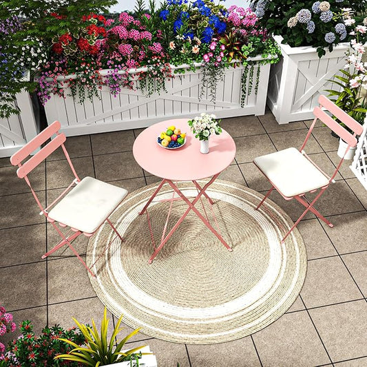 3-Piece Patio Bistro Set Outdoor Furniture Set Folding Bistro Table and Chairs with Premium Steel Frame Weather Resistant Conversation Set for Bistro Balcony Porch Yard Garden(pink with cushion)