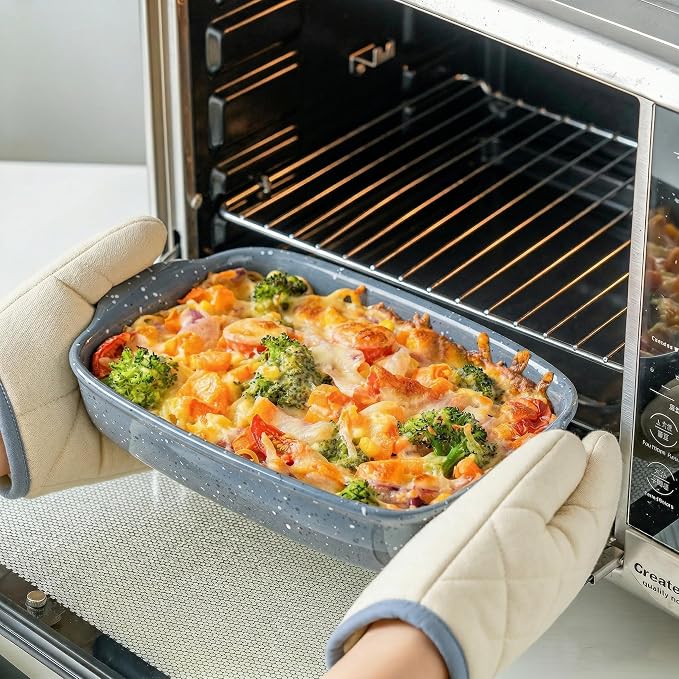 Ceramic Bakeware Dish Set of 3, Rectangular Baking Casserole for Oven,High Heat Resistant,Lasagna Pan Deep with Handles,Handcraft Speckle Series (13.8''/12''/9.6''Grey)