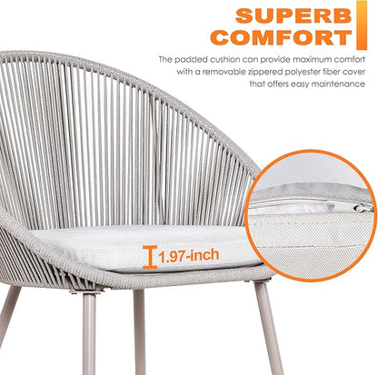 NUU GARDEN 3 Piece Outdoor Bistro Set, Woven Rope Conversation Patio Set, All Weather Patio Furniture Chairs and Table with Cushions for Garden, Deck, Backyard, Balcony, Porch, Beige