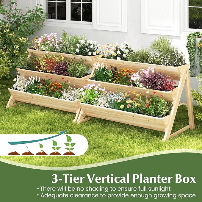 Giantex 3-Tier Raised Garden Bed, Wooden Vertical Planter Box with Storage Shelf, 2 Hanging Hooks & 3 Bed Liners, All-Weather Freestanding Planter, Elevated Raised Beds for Lawn Patio, Natural