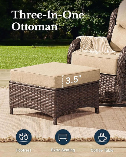 HILLGA Luxury Patio Furniture Set with 6-Inch Thick Cushions, High Back Outdoor Swivel Rocker Chairs and Ottoman, 5-Piece All Weather Conversation Set for Porch Deck Balcony Yard, Beige (V3)