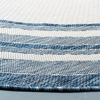 SAFAVIEH Washable Rug Outdoor Courtyard Collection - 5'3" Round, Ivory & Navy, Non-Shedding & Easy Cleaning, Ideal for Patio, Backyard, Mudroom (CY8475-53412)