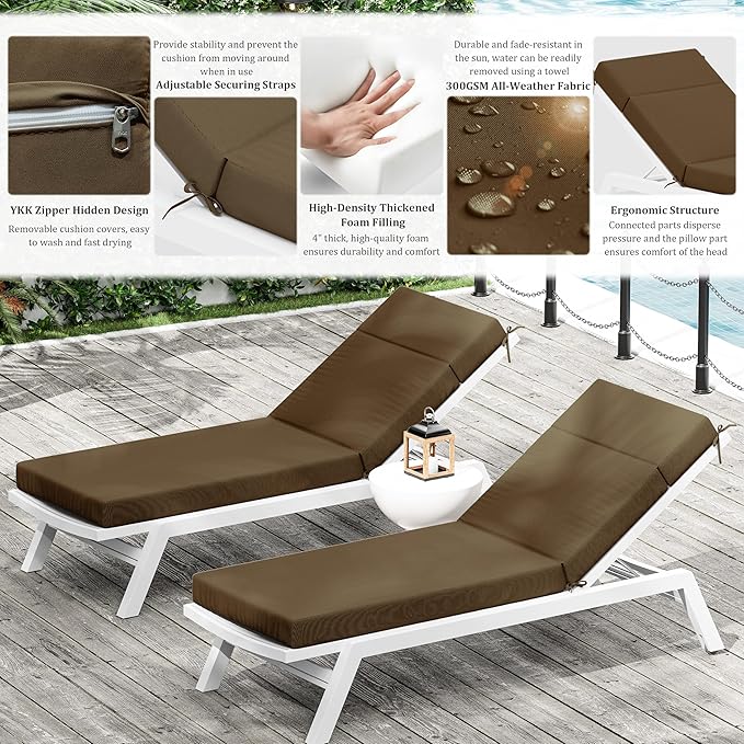 Chaise Lounge Cushion for Outdoor Furniture, Waterproof Fade and Tear Resistant Lounge Deck Chair Cushions for Patio Lawn Pool Resort Hotel