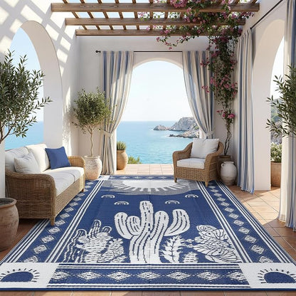 Garvee Waterproof Outdoor Rug 5x8, Cactus Botanical Outdoor Plastic Straw Rug for Camping, Reversible RV Mat Outside, Indoor Outdoor Carpet for Porch, Deck, Backyard, Balcony, Picnic, Navy & White