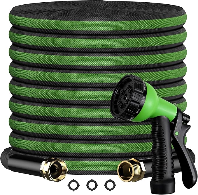 100FT Lightweight Flat Garden Hose for Women & Seniors, Non-Expandable Water Hose with 10-Pattern Spray Nozzle, Easy Storage No-Kink Hose for RV, Patio, Small Backyard, Car Wash & Everyday Watering