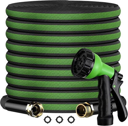 100FT Lightweight Flat Garden Hose for Women & Seniors, Non-Expandable Water Hose with 10-Pattern Spray Nozzle, Easy Storage No-Kink Hose for RV, Patio, Small Backyard, Car Wash & Everyday Watering