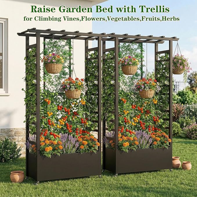 74" Mobile Planter with Trellis,Weatherproof Vertical Raise Garden Bed with Trellis & Hanging Roof for Climbing Plants,Flowers,Vegetables,Rust-Proof Metal Privacy Planter for Patio (Black-A)