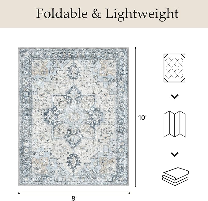 GENIMO Indoor & Outdoor Area Rug 8'x10', Waterproof, Non-Shedding, Easy Cleaning, Boho Mat for Patio, Living Room, Balcony, Dining Room, RV, Deck, Bedroom, Camping, Outside Carpet, Blue