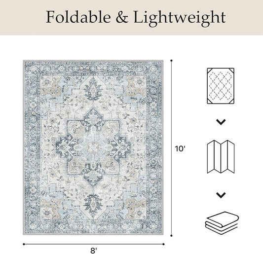 GENIMO Indoor & Outdoor Area Rug 8'x10', Waterproof, Non-Shedding, Easy Cleaning, Boho Mat for Patio, Living Room, Balcony, Dining Room, RV, Deck, Bedroom, Camping, Outside Carpet, Blue