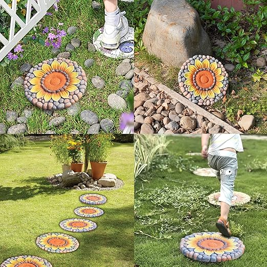 Sunflower Stepping Stones Outdoor Garden - Garden Stepping Stones Pavers for Outside Walkway Garden Stones Garden Stepping Stones Outdoor Decorative Stone for Garden 10 * 10 * 0.75 Inch