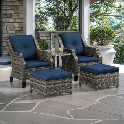 5 Piece Patio Furniture Wicker Conversation Set, 2 Chairs, 2 Ottomans with 1 Side Table, for Outdoors, Backyard, Deck, Navy