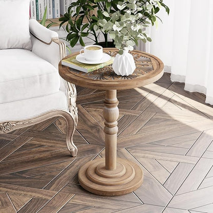 COZAYH Farmhouse Round Side Table with Carved Top, Rustic Pine Wood Pedestal Accent Table for Living Room, Bedroom, Distressed Finish, Natural Wood