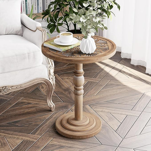 COZAYH Farmhouse Round Side Table with Carved Top, Rustic Pine Wood Pedestal Accent Table for Living Room, Bedroom, Distressed Finish, Natural Wood