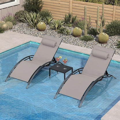 PURPLE LEAF Patio Oversized Chaise Lounge Chair Set with Side Table Pool Adjustable Recliner Chairs for Outside Beach Outdoor Sunbathing Tanning Poolside Lounges, Taupe