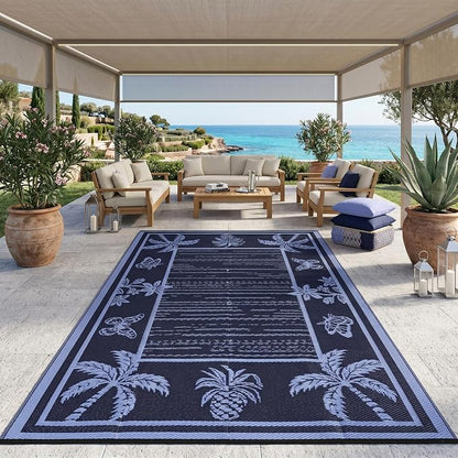 Garvee Outdoor Rug 9x12 Waterproof for Patios, Reversible Plastic Straw Rug, Tropical Leaf Indoor Outdoor Rugs, Large Area Rug for RV, Camping, Deck, Picnic Mat, Outside Carpet