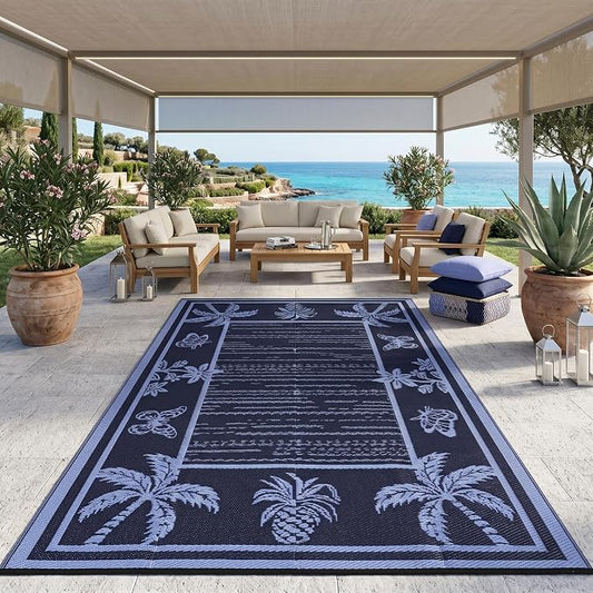 Garvee Outdoor Rug 9x12 Waterproof for Patios, Reversible Plastic Straw Rug, Tropical Leaf Indoor Outdoor Rugs, Large Area Rug for RV, Camping, Deck, Picnic Mat, Outside Carpet
