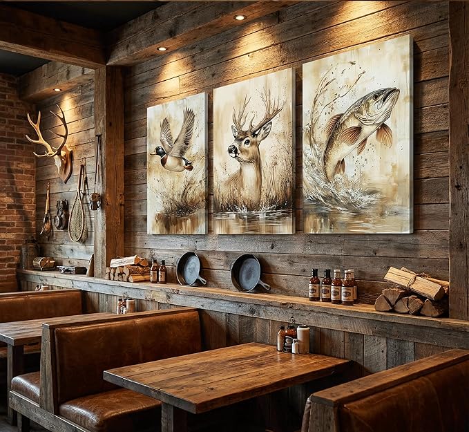 3Pcs Rustic Outdoor Wildlife Canvas Wall Art,Watercolor Deer Duck And Fish Wall Decor Pictures,Vintage Farmhouse Hunting Posters Prints,for Living Room Bathroom Kitche Home Decoration