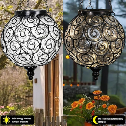 Solar Hanging Lantern Outdoor Garden Lights, Round Glass and Metal Hanging Lantern, 15 Firefly LED Lights, 7 x 20 Inch (Clear)