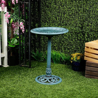 Alpine Corporation TEC116BL Pedestal Birdbath with Scrollwork Base and Ground Stakes, Décor for Lawn & Garden, 28" H, Blue