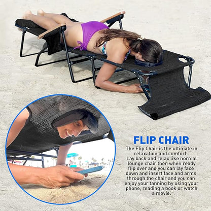 EASYGO PRODUCTS FLIP Face Down Tanning Chaise Lounge Chair with Face & Arm Holes - 4 Legs Support - Textilene Material - 6 Position - Arm Head Rest Pillow - Beach or Home Use