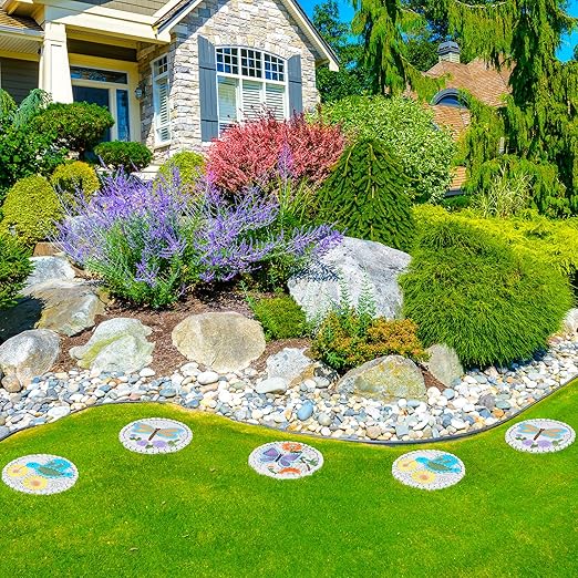 3 Pack Cement Stepping Stones Outdoor 10 Inch Round Garden Stepping Stones with Hand-Painted Flowers, Decorative Patio Pavers for Outside Walkway, Dragonfly Butterfly Garden Decor Hummingbird Gifts