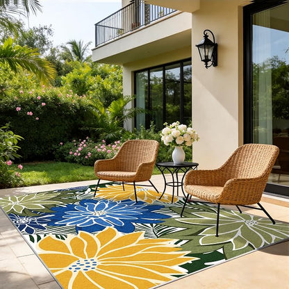 ZonLi Colorful Outdoor Rug 8x10Ft Waterproof Multicolored Indoor Area Rug Washable Outdoor Patio Rugs Tropical Floral Non Slip Outdoor Carpet for Living Room, Pool,Backyard,Deck,Camping
