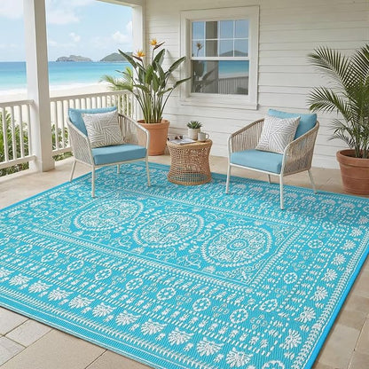 Garvee Reversible Outdoor Rug 5x8 for Patio, Waterproof Outdoor Area Rug, Boho Medallion Indoor Outdoor Carpet for Porch, Plastic Straw Rug for RV, Camping, Deck, Blue and White