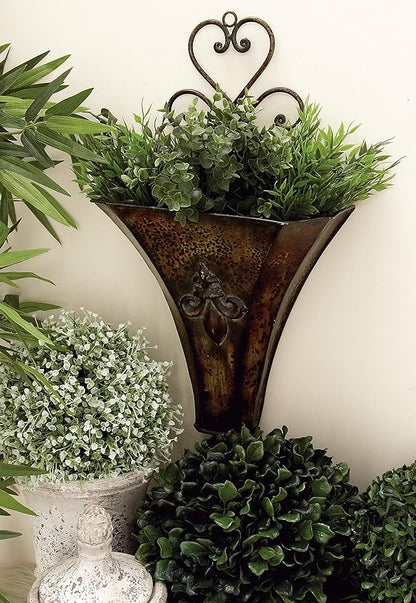 Deco 79 Metal Scroll Indoor Outdoor Wall Planter Indoor Outdoor Weathered Hanging Hanging Planter with Fleur-De-Lis Accent, Set of 2 Plant Hanger 22", 18"H, Brown