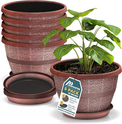10-Inch Whiskey Barrel Planters Outdoor Pack of 5 - Durable Plastic Plant Pots for Indoor & Outdoor Use with Drainage & Saucer, Lightweight Rustic Barrel Planters for Flowers, Herbs & Small Plants