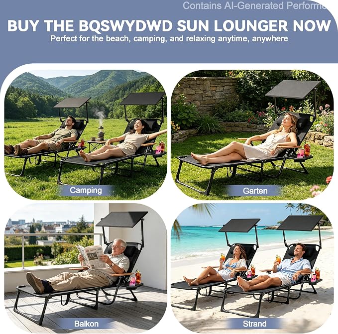 Beach Lounge Chairs with Armrests, 4-Position Folding Lounge Chairs for Outside, Sunbathing Portable Lounge Chaise, Tanning Chair Pillow & Cup Holder, for Outside Beach Pool (Black.)