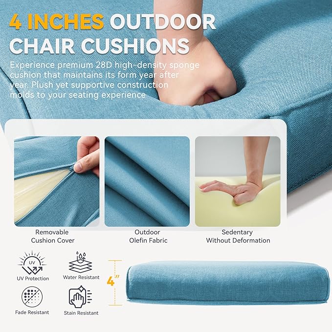 Outdoor Chair Cushions - 22" x 25" x 4" Patio Furniture Cushions with Water Resistant & Removable Cover, 28D High Density Sponge Patio Cushion for Outdoor Furniture Couch Rocker Chair, Light Blue
