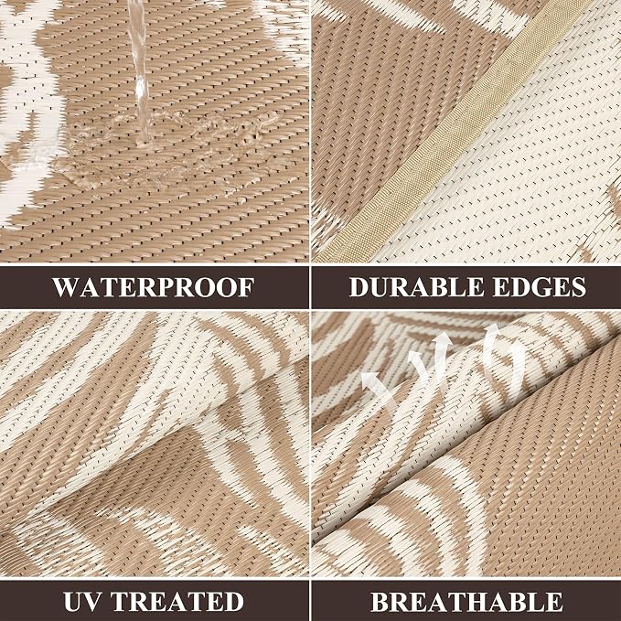 Pauwer Waterproof Outdoor Rug 6x9, Reversible Plastic Straw Patio Camping Rug, Indoor Outdoor RV Mat Carpet for Deck, Camper, Porch, Balcony, Backyard, Picnic, Leaf Brown