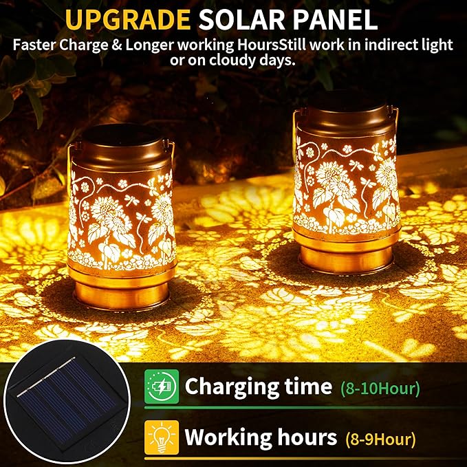 2 Pack Solar Lanterns Outdoor Waterproof, Hanging Metal Dragonfly and Sunflower Decorative Lights for Garden Patio Yard Porch Pathway, Solar Powered Outdoor Lantern Gifts for Women Mom Grandma