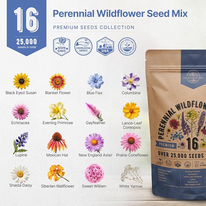 Organo Republic 16 Perennial Wildflower Seeds Mix for Indoor & Outdoors 25,000+ Non-GMO, Heirloom Wildflower Garden Seeds, 1oz Packet for Growing Wild Flowers to Attract Bees, Butterflies & Birds