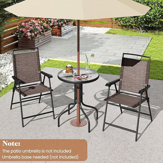 Goplus Patio Bistro Set, 3-Piece Patio Dining Furniture Set with Round Tempered Glass Table, 2 Foldable Chairs, Small Outdoor Folding Chairs & Table Set for Porch Garden Pool Yard