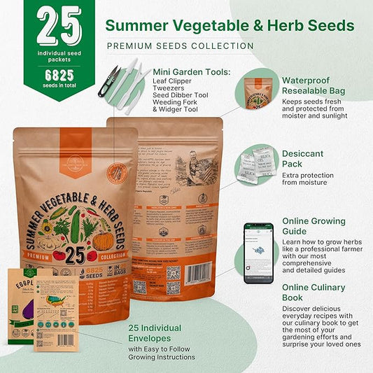 Organo Republic 25 Summer Vegetable & Herb Garden Seeds Variety Pack - 6,820+ Non-GMO Heirloom Veggie & Herb Seeds for Outdoors & Indoor Home Gardening: Tomato, Okra, Bean, Cucumber, Basil, Rosemary