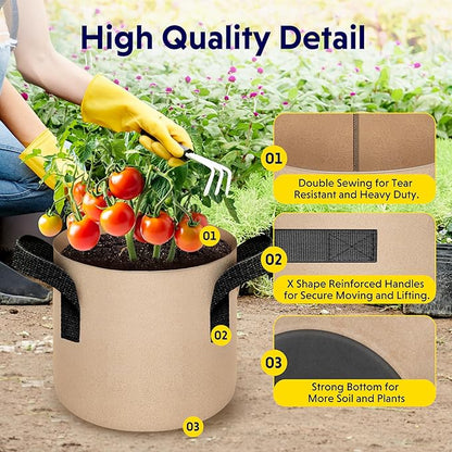 iPower 5-Pack 2 Gallon Plant Grow Bags Thickened Nonwoven Aeration Fabric Pots Heavy Duty Durable Container, Strap Handles for Garden, Tan