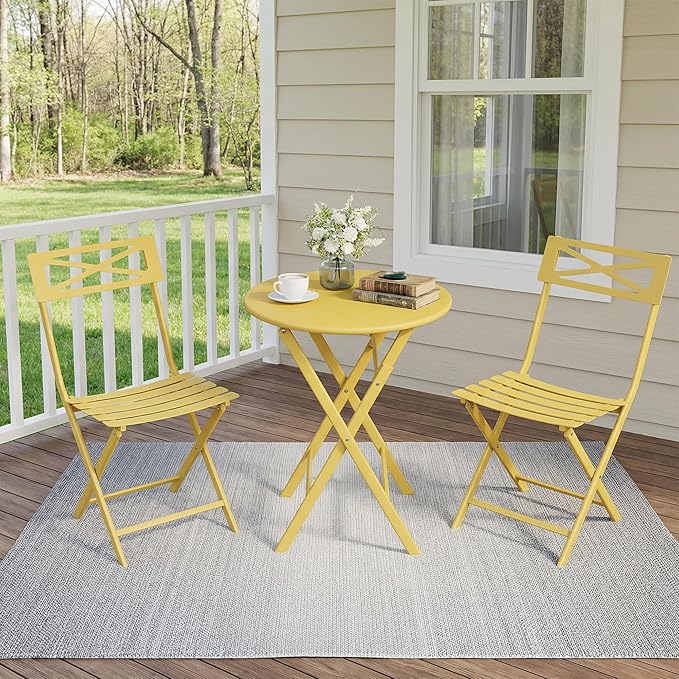 Outdoor Round Bistro Set 3 Piece, Yellow Iron Patio Furniture Set with Round Table & 2 Chairs, Foldable Steel Backyard Deck Porch Garden Furniture, Space Saving Outdoor Dining Set for Small Spaces